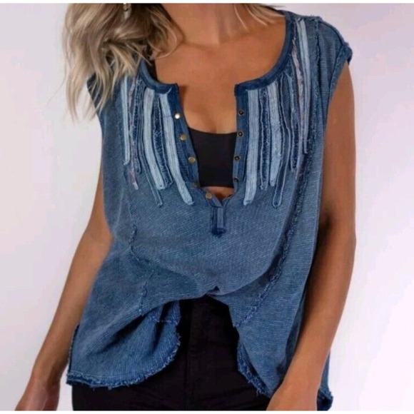 We The Free Tops - We The Free People Harvey Muscle Tunic Tank Top Indigo Blue Womens Boho Boxy